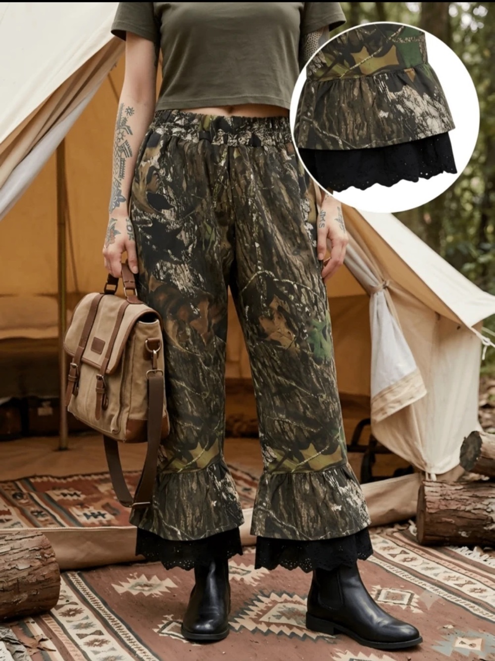 NEW ARRIVAL Multicolor Camouflage Ruffle Hem Wide-Leg Pants